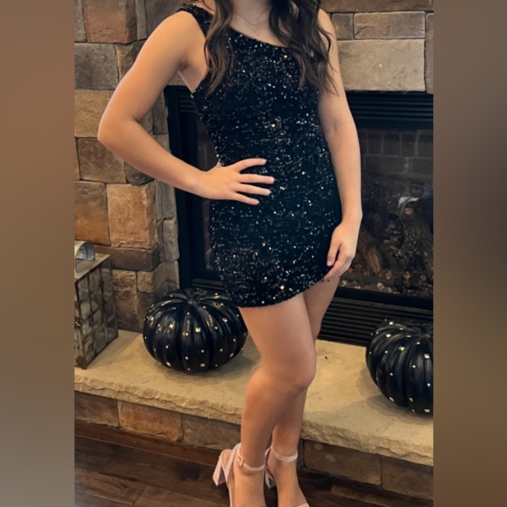 Black one shoulder sequin dress with built in bra (size 4)